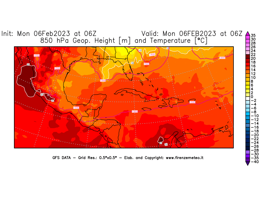 Mappa di analisi GFS - Geopotenziale [m] e Temperatura [°C] a 850 hPa in Centro-America
							del 06/02/2023 06 <!--googleoff: index-->UTC<!--googleon: index-->