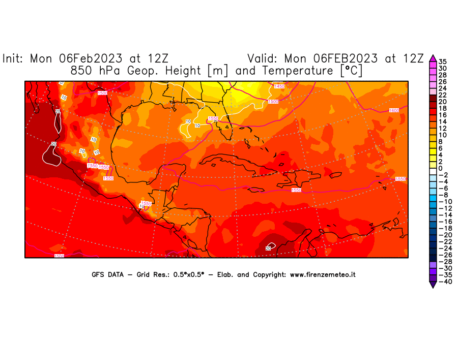 Mappa di analisi GFS - Geopotenziale [m] e Temperatura [°C] a 850 hPa in Centro-America
							del 06/02/2023 12 <!--googleoff: index-->UTC<!--googleon: index-->