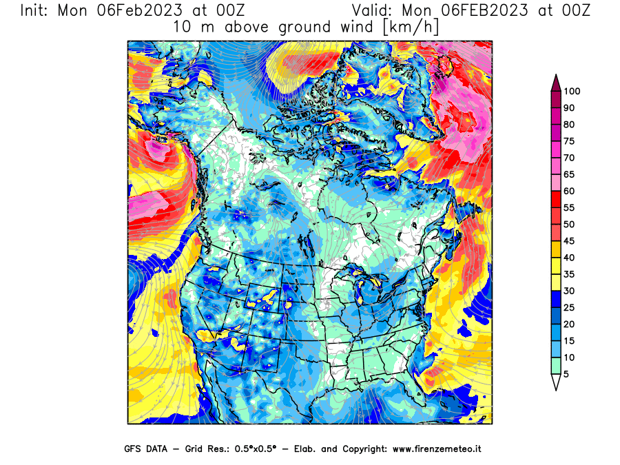 Mappa di analisi GFS - Velocità del vento a 10 metri dal suolo [km/h] in Nord-America
							del 06/02/2023 00 <!--googleoff: index-->UTC<!--googleon: index-->