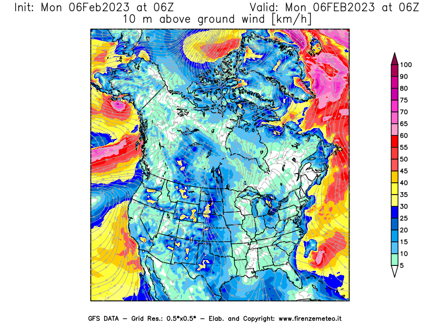 Mappa di analisi GFS - Velocità del vento a 10 metri dal suolo [km/h] in Nord-America
							del 06/02/2023 06 <!--googleoff: index-->UTC<!--googleon: index-->