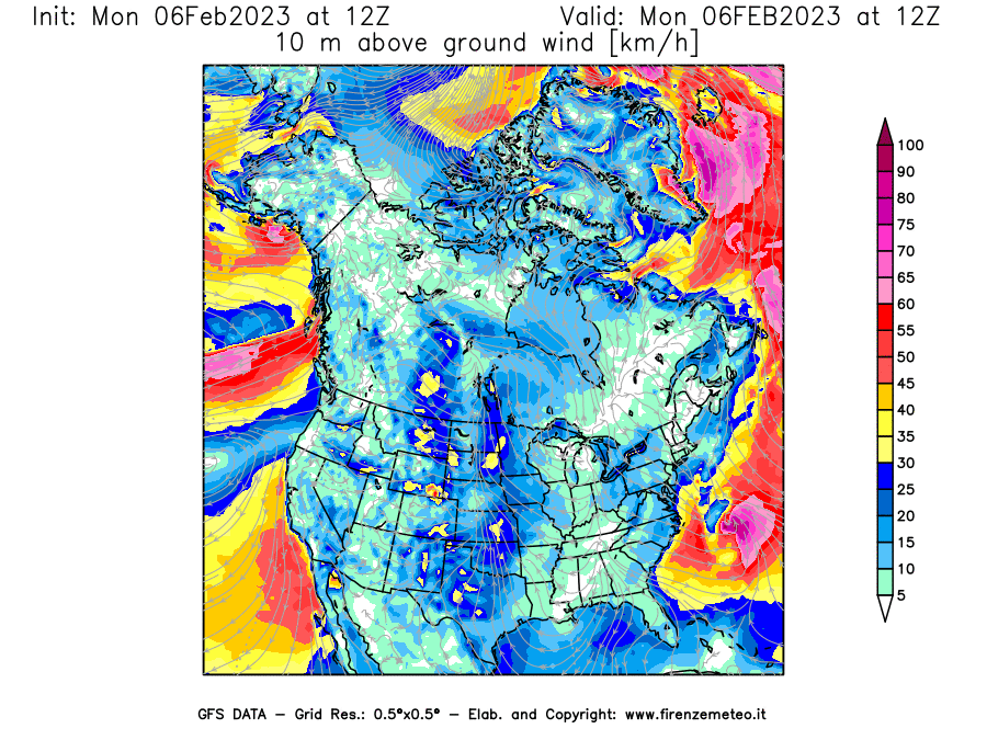 Mappa di analisi GFS - Velocità del vento a 10 metri dal suolo [km/h] in Nord-America
							del 06/02/2023 12 <!--googleoff: index-->UTC<!--googleon: index-->