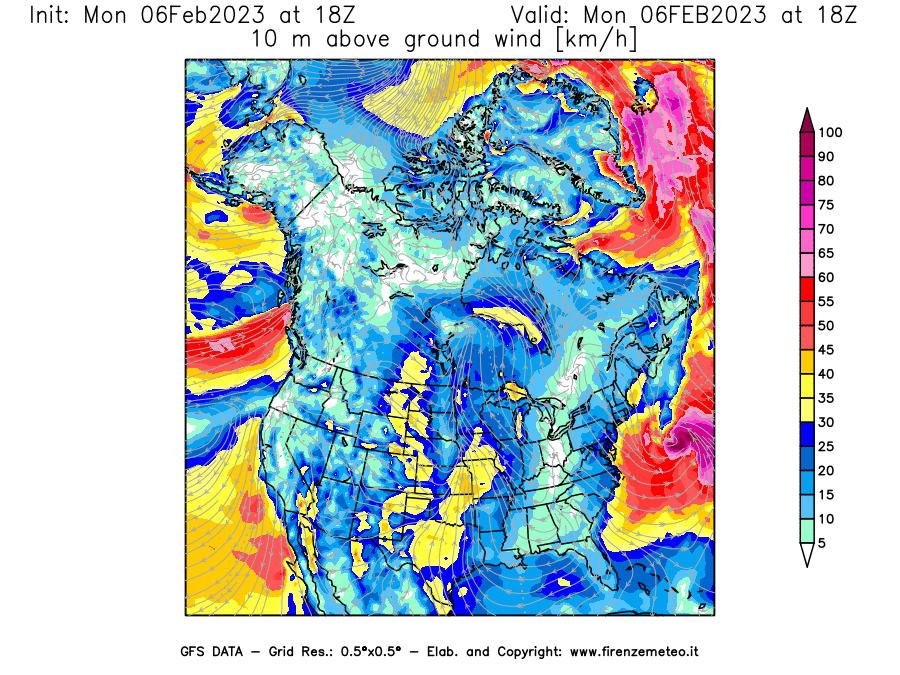 Mappa di analisi GFS - Velocità del vento a 10 metri dal suolo [km/h] in Nord-America
							del 06/02/2023 18 <!--googleoff: index-->UTC<!--googleon: index-->