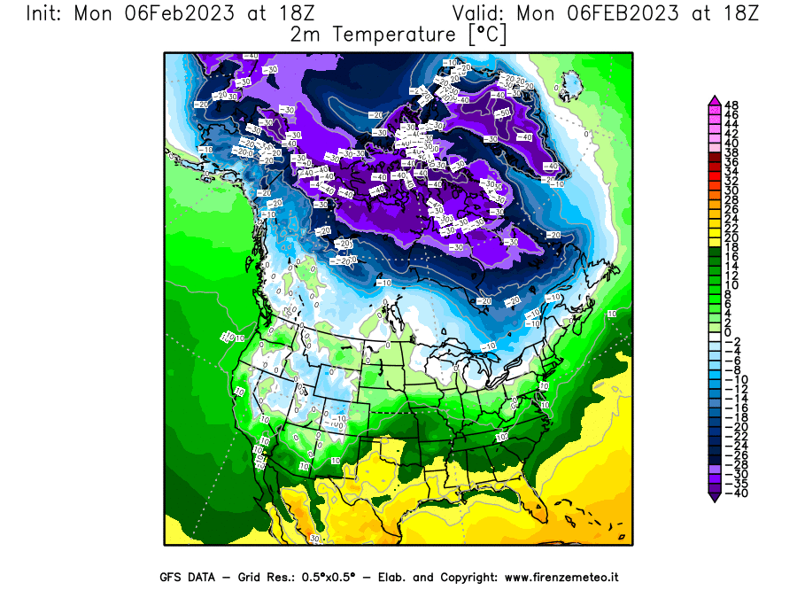 Mappa di analisi GFS - Temperatura a 2 metri dal suolo [°C] in Nord-America
							del 06/02/2023 18 <!--googleoff: index-->UTC<!--googleon: index-->