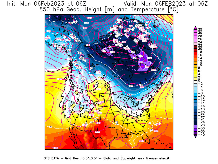 Mappa di analisi GFS - Geopotenziale [m] e Temperatura [°C] a 850 hPa in Nord-America
							del 06/02/2023 06 <!--googleoff: index-->UTC<!--googleon: index-->