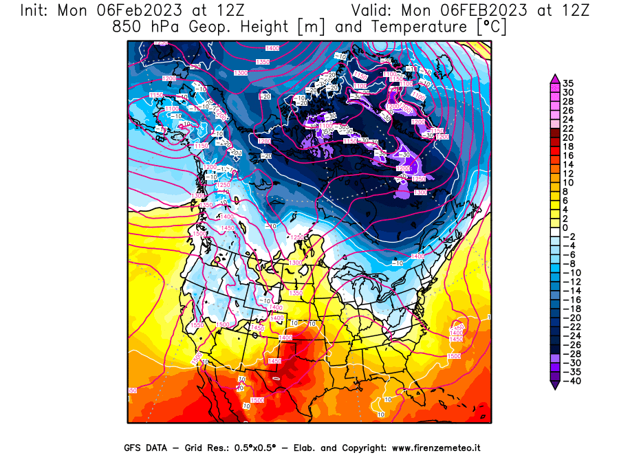 Mappa di analisi GFS - Geopotenziale [m] e Temperatura [°C] a 850 hPa in Nord-America
							del 06/02/2023 12 <!--googleoff: index-->UTC<!--googleon: index-->
