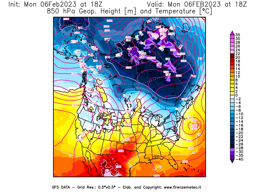 Mappa di analisi GFS - Geopotenziale [m] e Temperatura [°C] a 850 hPa in Nord-America
							del 06/02/2023 18 <!--googleoff: index-->UTC<!--googleon: index-->