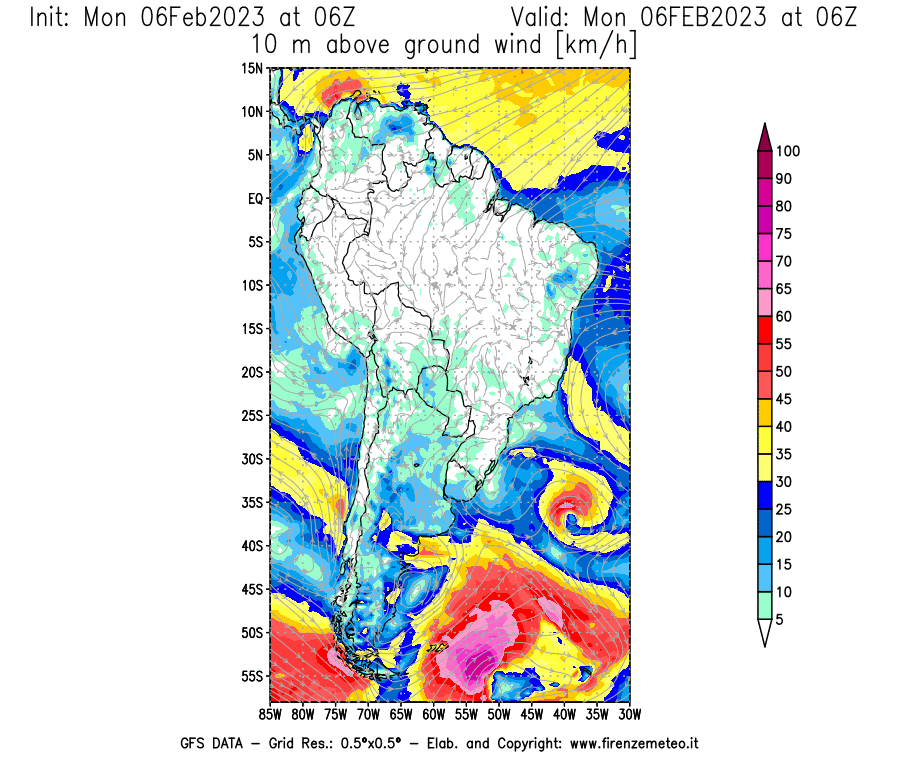 Mappa di analisi GFS - Velocità del vento a 10 metri dal suolo [km/h] in Sud-America
							del 06/02/2023 06 <!--googleoff: index-->UTC<!--googleon: index-->