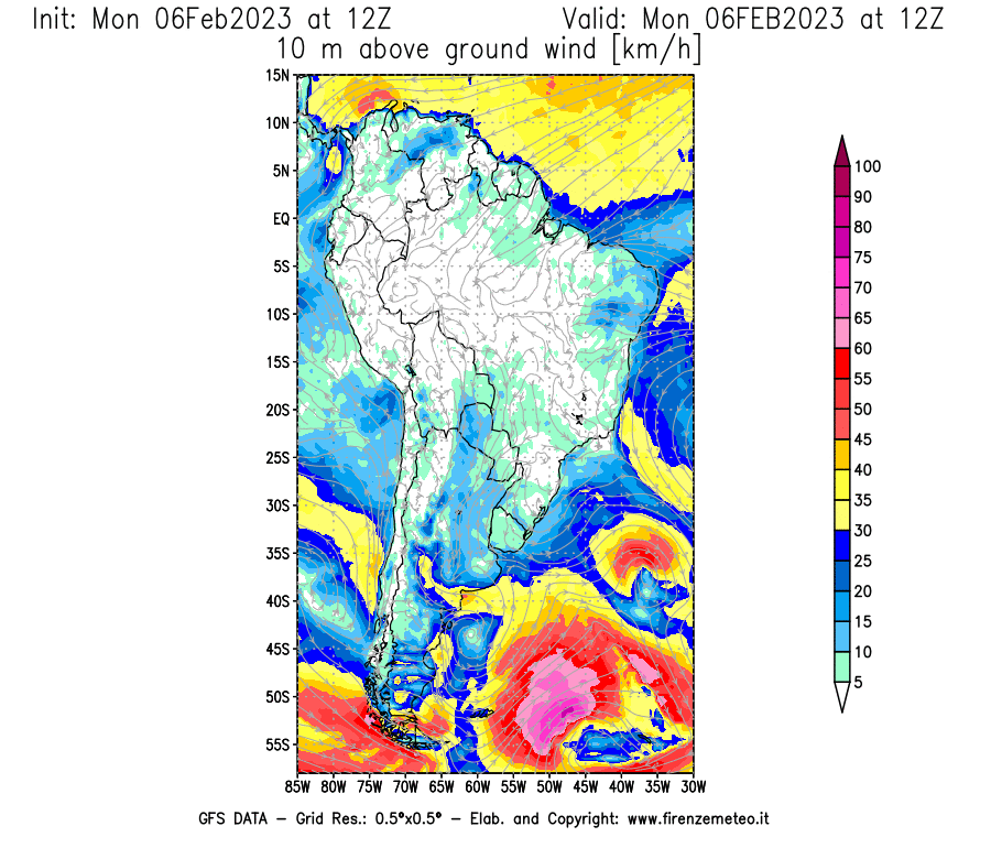 Mappa di analisi GFS - Velocità del vento a 10 metri dal suolo [km/h] in Sud-America
							del 06/02/2023 12 <!--googleoff: index-->UTC<!--googleon: index-->