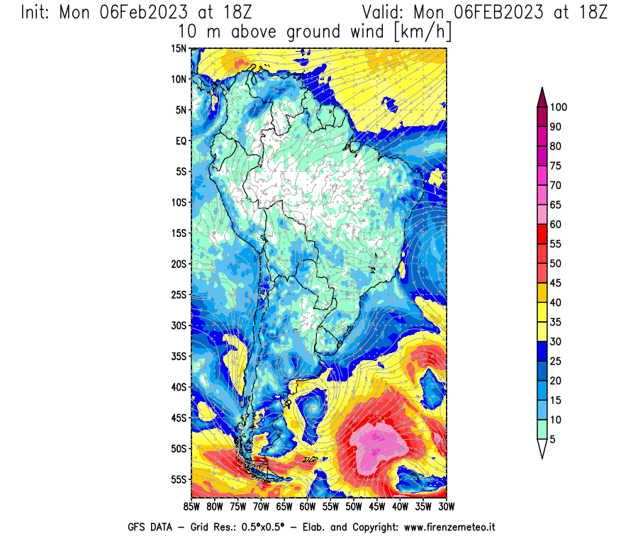 Mappa di analisi GFS - Velocità del vento a 10 metri dal suolo [km/h] in Sud-America
							del 06/02/2023 18 <!--googleoff: index-->UTC<!--googleon: index-->