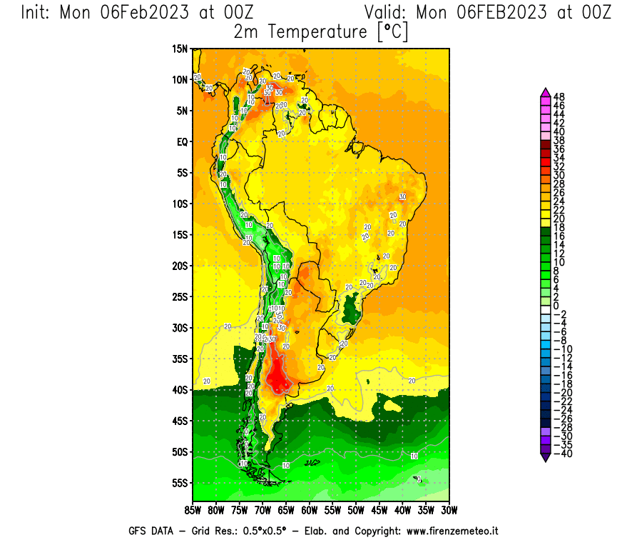 Mappa di analisi GFS - Temperatura a 2 metri dal suolo [°C] in Sud-America
							del 06/02/2023 00 <!--googleoff: index-->UTC<!--googleon: index-->