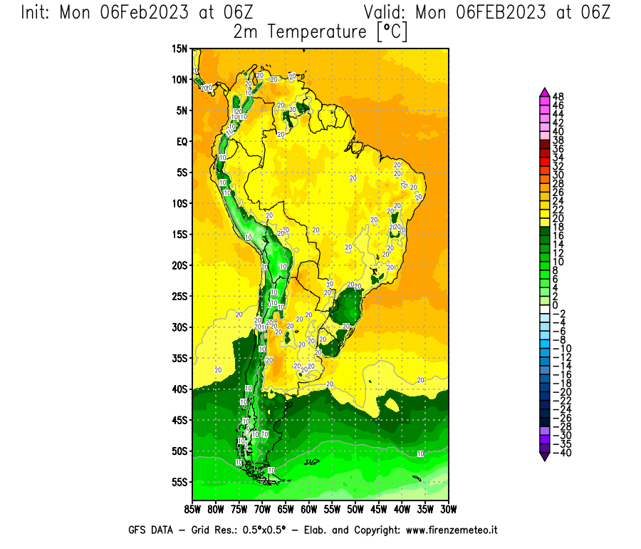 Mappa di analisi GFS - Temperatura a 2 metri dal suolo [°C] in Sud-America
							del 06/02/2023 06 <!--googleoff: index-->UTC<!--googleon: index-->