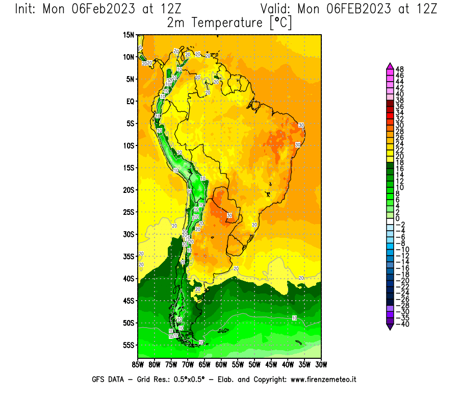 Mappa di analisi GFS - Temperatura a 2 metri dal suolo [°C] in Sud-America
							del 06/02/2023 12 <!--googleoff: index-->UTC<!--googleon: index-->