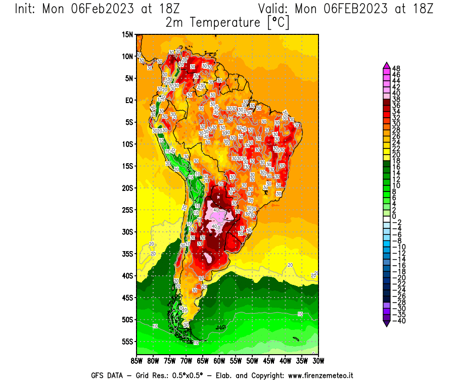 Mappa di analisi GFS - Temperatura a 2 metri dal suolo [°C] in Sud-America
							del 06/02/2023 18 <!--googleoff: index-->UTC<!--googleon: index-->