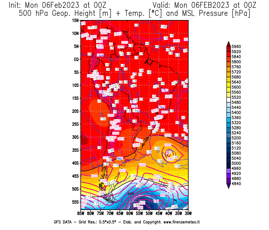 Mappa di analisi GFS - Geopotenziale [m] + Temp. [°C] a 500 hPa + Press. a livello del mare [hPa] in Sud-America
							del 06/02/2023 00 <!--googleoff: index-->UTC<!--googleon: index-->