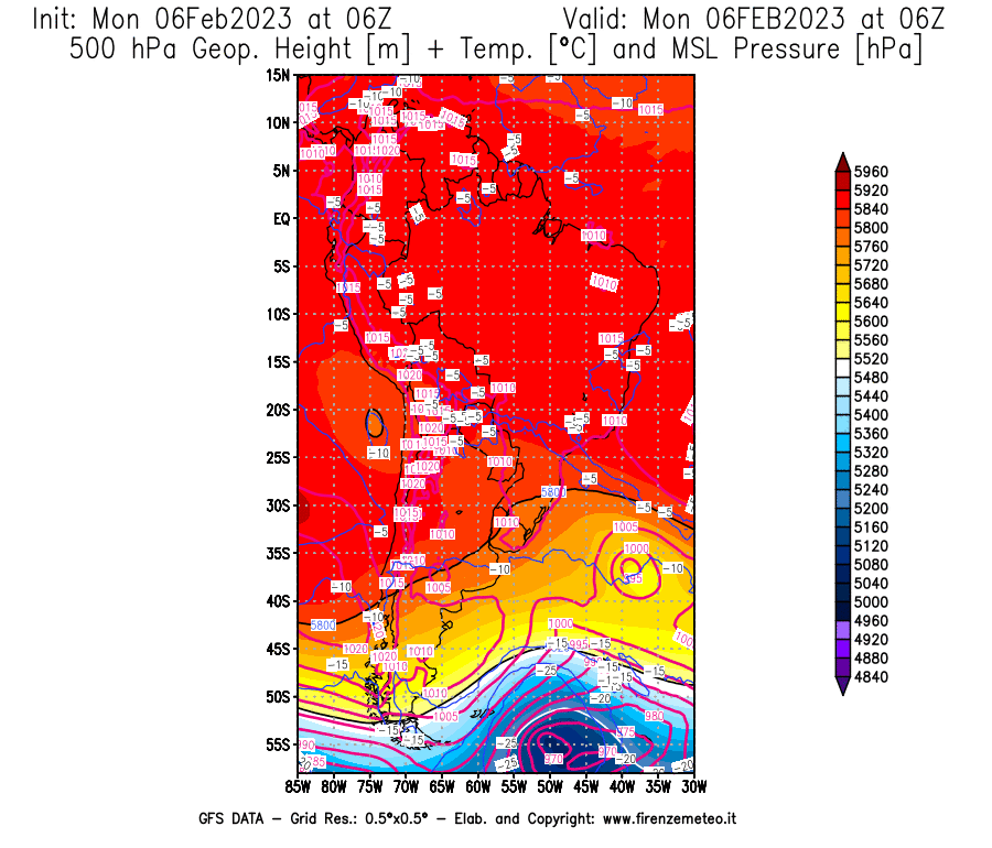 Mappa di analisi GFS - Geopotenziale [m] + Temp. [°C] a 500 hPa + Press. a livello del mare [hPa] in Sud-America
							del 06/02/2023 06 <!--googleoff: index-->UTC<!--googleon: index-->