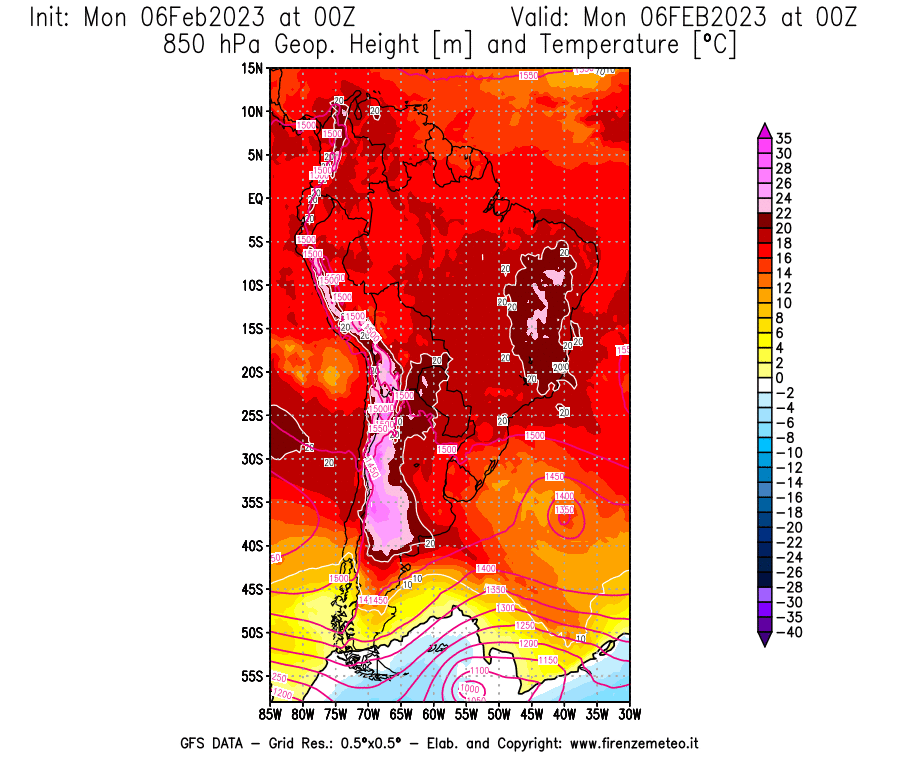 Mappa di analisi GFS - Geopotenziale [m] e Temperatura [°C] a 850 hPa in Sud-America
							del 06/02/2023 00 <!--googleoff: index-->UTC<!--googleon: index-->