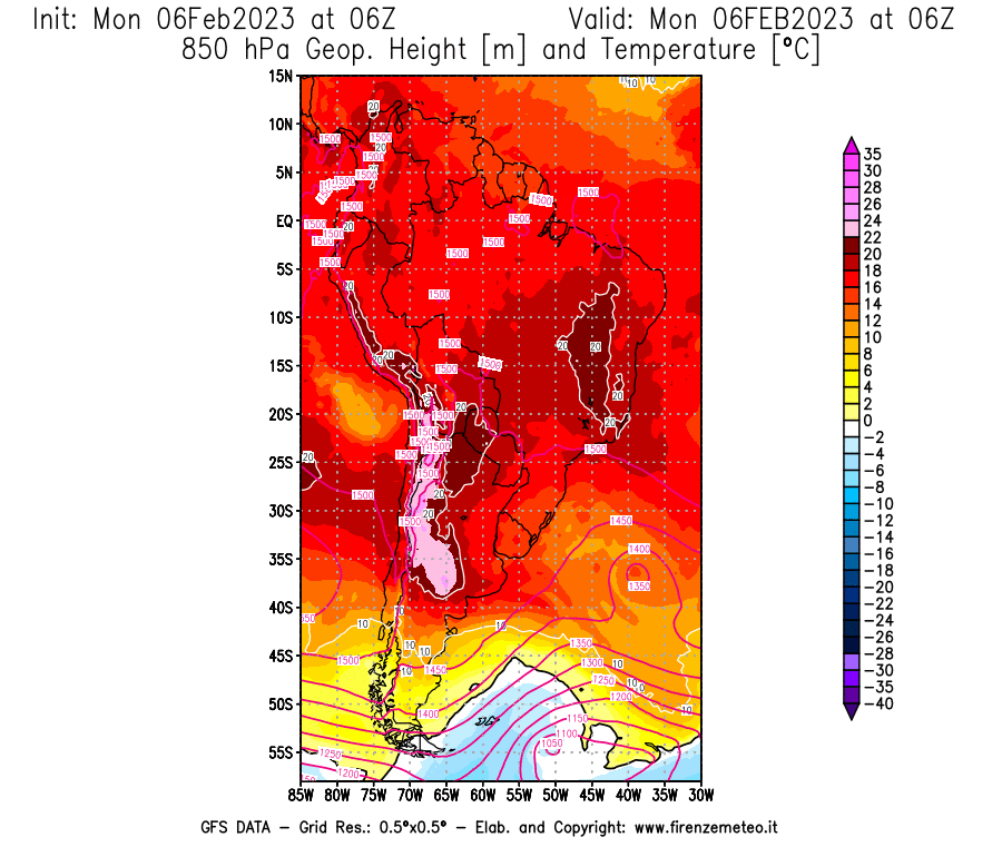 Mappa di analisi GFS - Geopotenziale [m] e Temperatura [°C] a 850 hPa in Sud-America
							del 06/02/2023 06 <!--googleoff: index-->UTC<!--googleon: index-->