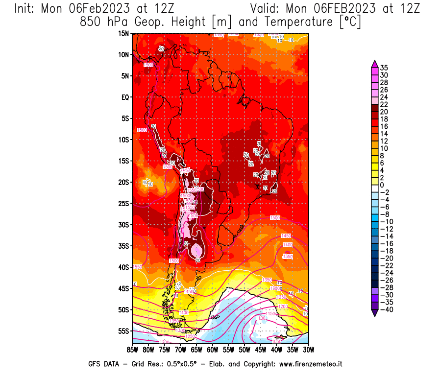 Mappa di analisi GFS - Geopotenziale [m] e Temperatura [°C] a 850 hPa in Sud-America
							del 06/02/2023 12 <!--googleoff: index-->UTC<!--googleon: index-->