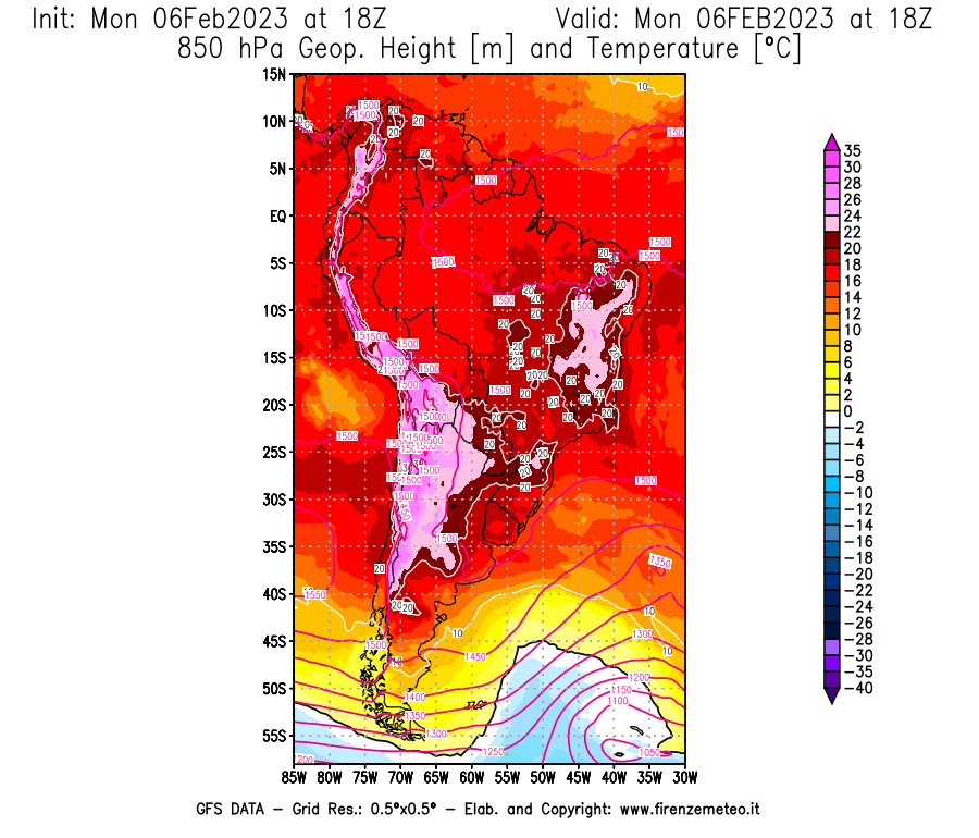 Mappa di analisi GFS - Geopotenziale [m] e Temperatura [°C] a 850 hPa in Sud-America
							del 06/02/2023 18 <!--googleoff: index-->UTC<!--googleon: index-->