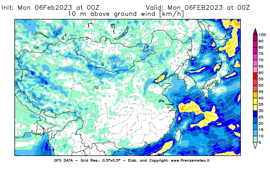 Mappa di analisi GFS - Velocità del vento a 10 metri dal suolo [km/h] in Asia Orientale
							del 06/02/2023 00 <!--googleoff: index-->UTC<!--googleon: index-->