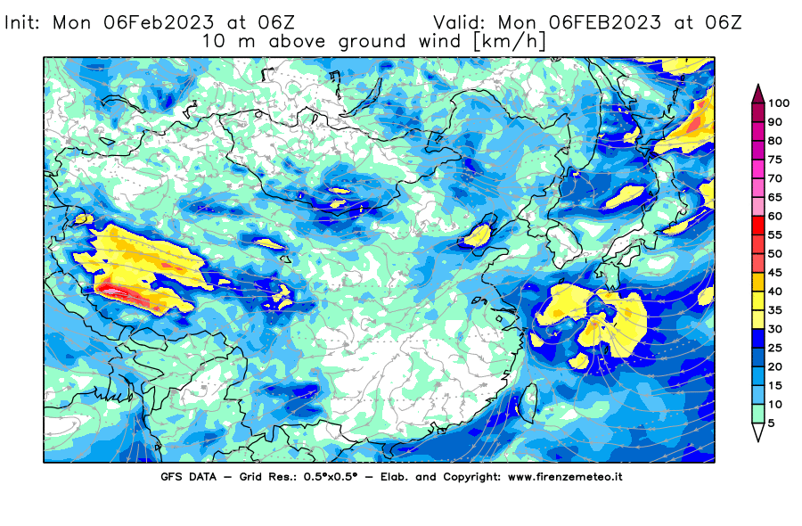 Mappa di analisi GFS - Velocità del vento a 10 metri dal suolo [km/h] in Asia Orientale
							del 06/02/2023 06 <!--googleoff: index-->UTC<!--googleon: index-->