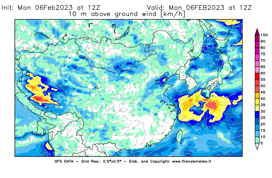 Mappa di analisi GFS - Velocità del vento a 10 metri dal suolo [km/h] in Asia Orientale
							del 06/02/2023 12 <!--googleoff: index-->UTC<!--googleon: index-->
