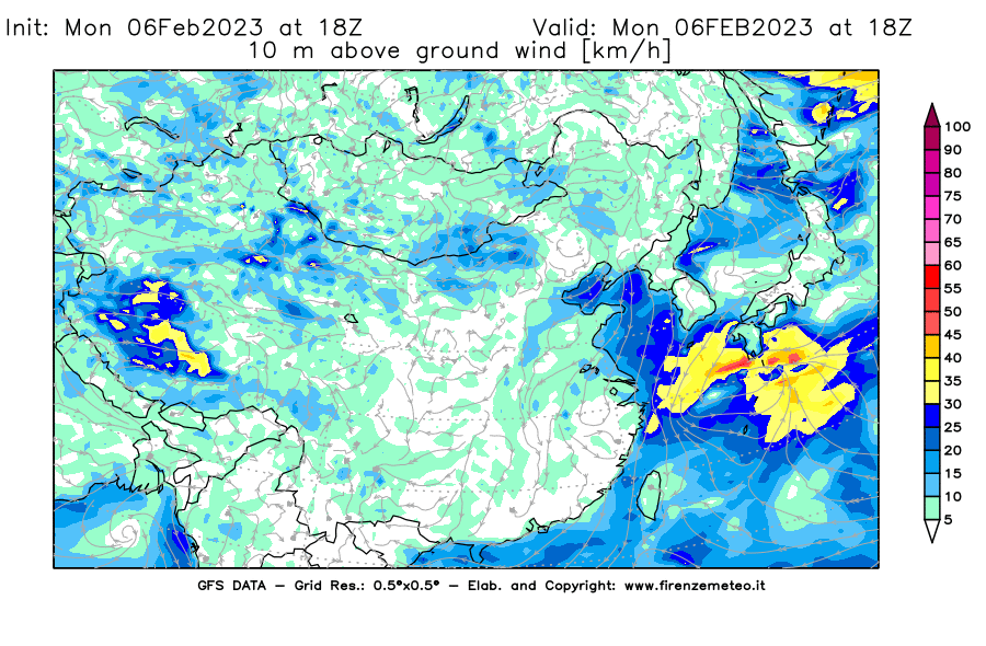 Mappa di analisi GFS - Velocità del vento a 10 metri dal suolo [km/h] in Asia Orientale
							del 06/02/2023 18 <!--googleoff: index-->UTC<!--googleon: index-->