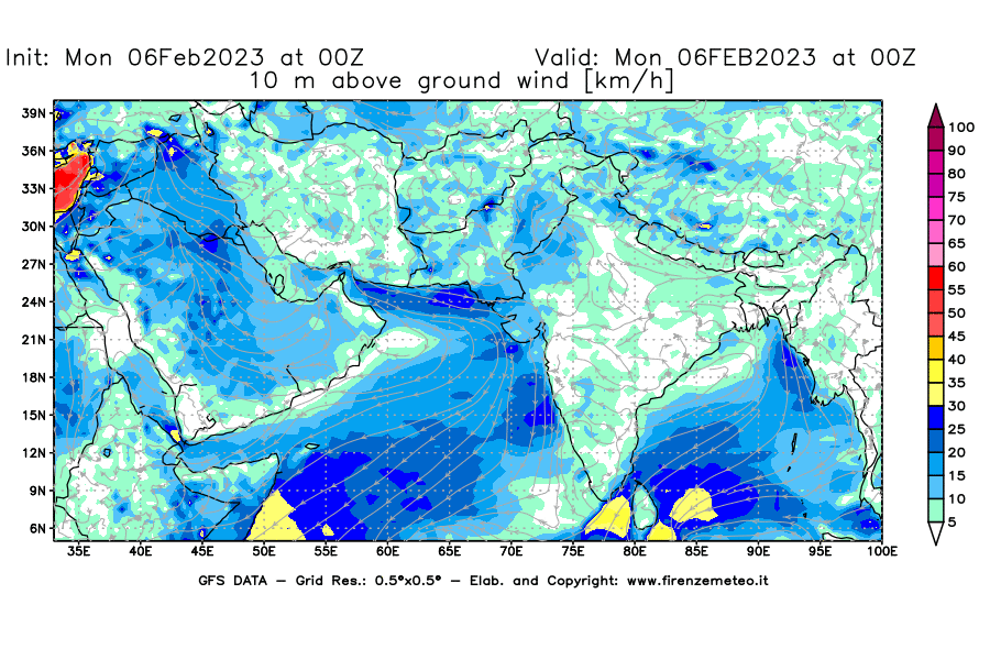 Mappa di analisi GFS - Velocità del vento a 10 metri dal suolo [km/h] in Asia Sud-Occidentale
							del 06/02/2023 00 <!--googleoff: index-->UTC<!--googleon: index-->