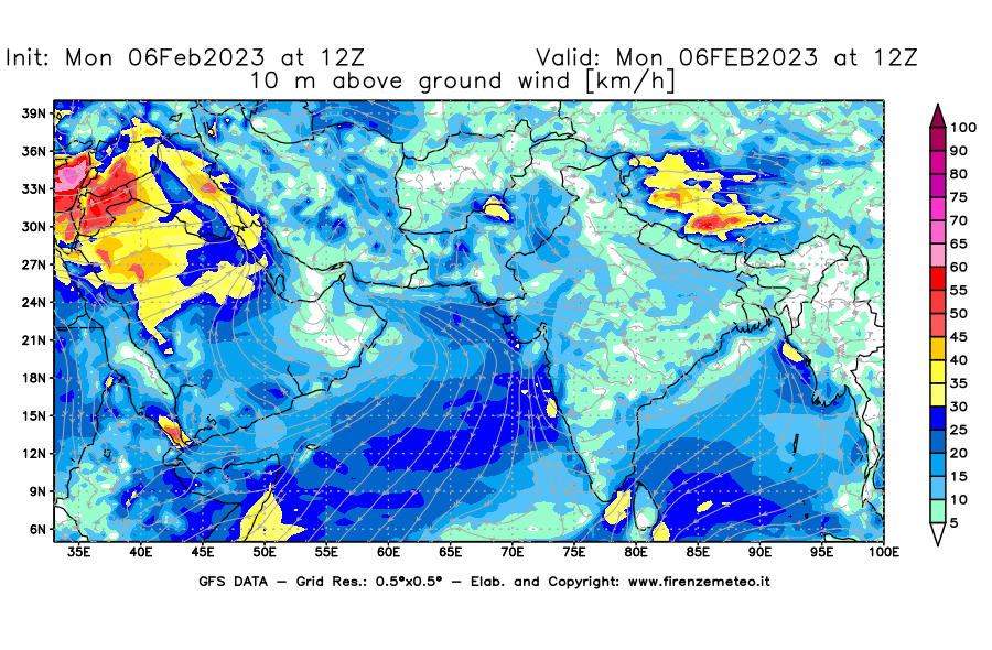 Mappa di analisi GFS - Velocità del vento a 10 metri dal suolo [km/h] in Asia Sud-Occidentale
							del 06/02/2023 12 <!--googleoff: index-->UTC<!--googleon: index-->