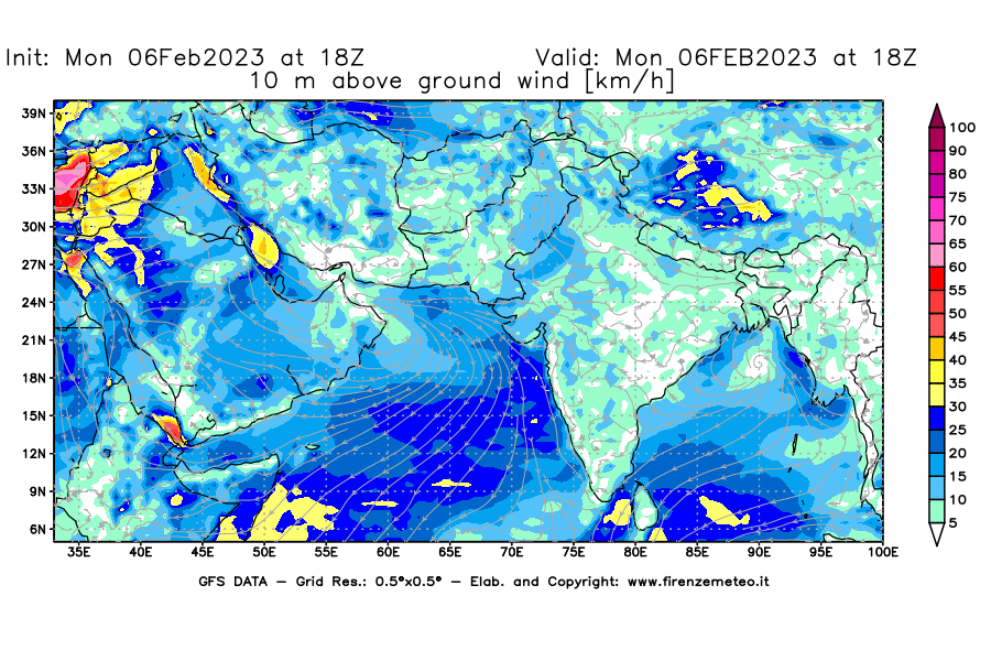 Mappa di analisi GFS - Velocità del vento a 10 metri dal suolo [km/h] in Asia Sud-Occidentale
							del 06/02/2023 18 <!--googleoff: index-->UTC<!--googleon: index-->