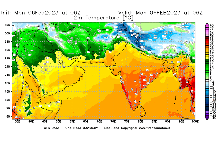 Mappa di analisi GFS - Temperatura a 2 metri dal suolo [°C] in Asia Sud-Occidentale
							del 06/02/2023 06 <!--googleoff: index-->UTC<!--googleon: index-->