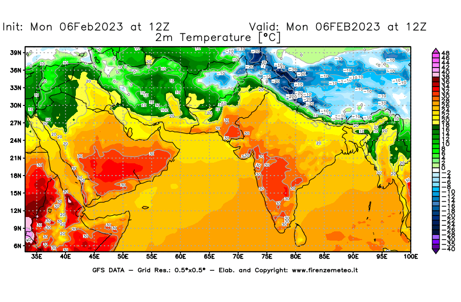 Mappa di analisi GFS - Temperatura a 2 metri dal suolo [°C] in Asia Sud-Occidentale
							del 06/02/2023 12 <!--googleoff: index-->UTC<!--googleon: index-->