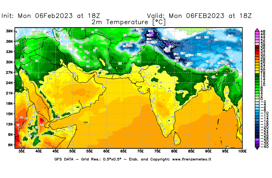 Mappa di analisi GFS - Temperatura a 2 metri dal suolo [°C] in Asia Sud-Occidentale
							del 06/02/2023 18 <!--googleoff: index-->UTC<!--googleon: index-->