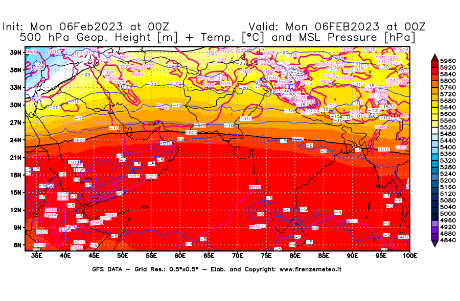 Mappa di analisi GFS - Geopotenziale [m] + Temp. [°C] a 500 hPa + Press. a livello del mare [hPa] in Asia Sud-Occidentale
							del 06/02/2023 00 <!--googleoff: index-->UTC<!--googleon: index-->