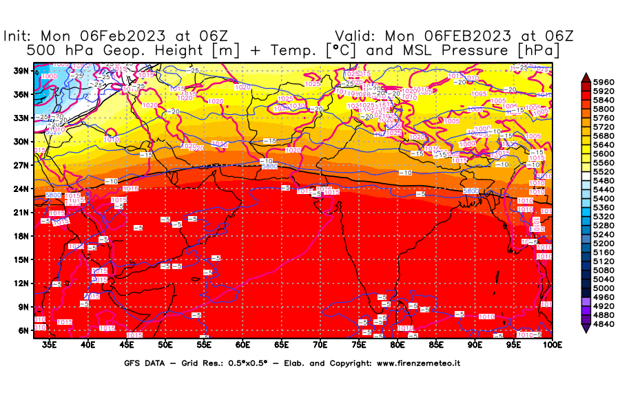 Mappa di analisi GFS - Geopotenziale [m] + Temp. [°C] a 500 hPa + Press. a livello del mare [hPa] in Asia Sud-Occidentale
							del 06/02/2023 06 <!--googleoff: index-->UTC<!--googleon: index-->