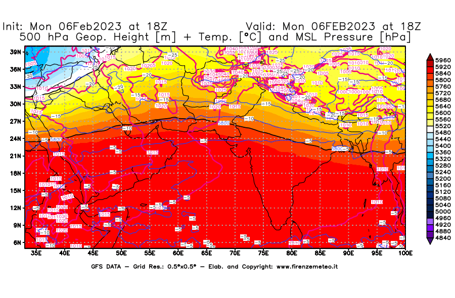 Mappa di analisi GFS - Geopotenziale [m] + Temp. [°C] a 500 hPa + Press. a livello del mare [hPa] in Asia Sud-Occidentale
							del 06/02/2023 18 <!--googleoff: index-->UTC<!--googleon: index-->