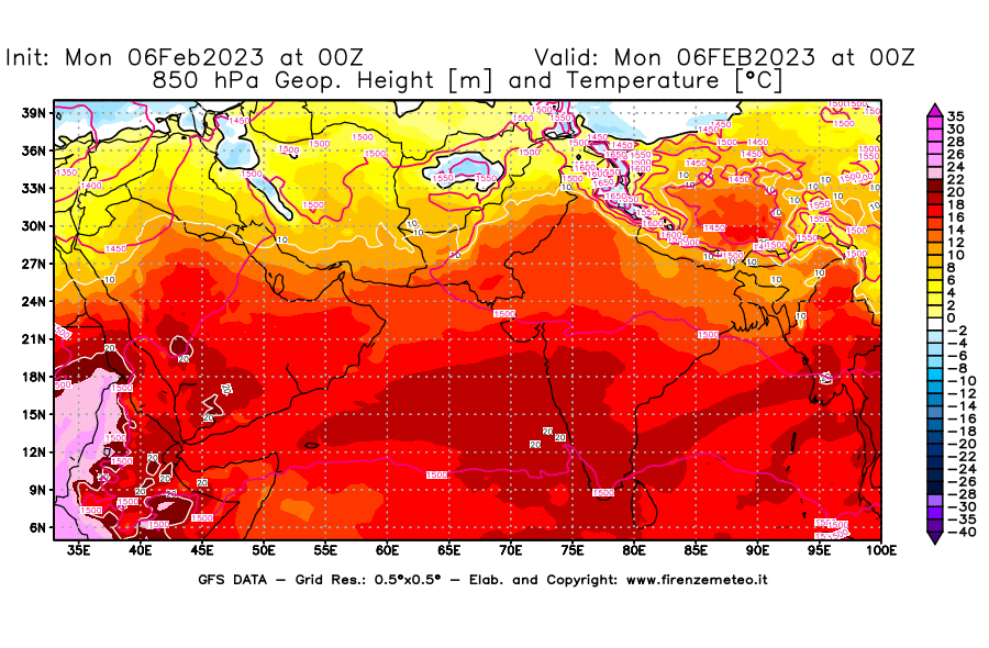 Mappa di analisi GFS - Geopotenziale [m] e Temperatura [°C] a 850 hPa in Asia Sud-Occidentale
							del 06/02/2023 00 <!--googleoff: index-->UTC<!--googleon: index-->