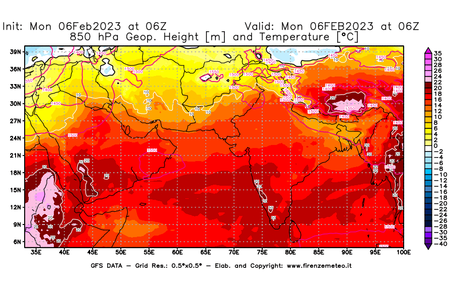Mappa di analisi GFS - Geopotenziale [m] e Temperatura [°C] a 850 hPa in Asia Sud-Occidentale
							del 06/02/2023 06 <!--googleoff: index-->UTC<!--googleon: index-->