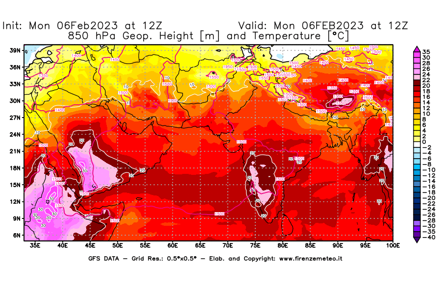 Mappa di analisi GFS - Geopotenziale [m] e Temperatura [°C] a 850 hPa in Asia Sud-Occidentale
							del 06/02/2023 12 <!--googleoff: index-->UTC<!--googleon: index-->