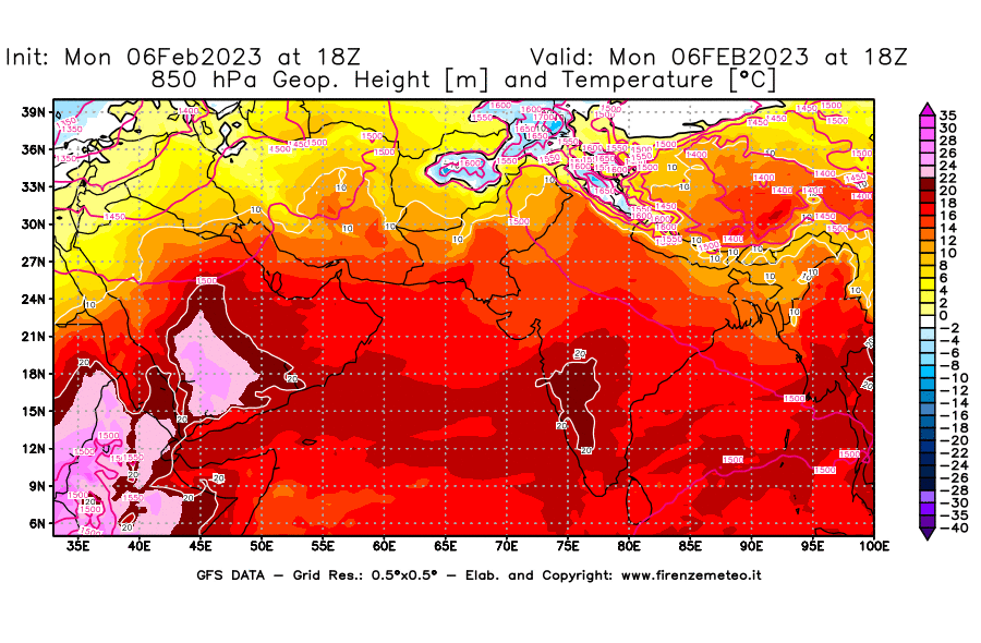 Mappa di analisi GFS - Geopotenziale [m] e Temperatura [°C] a 850 hPa in Asia Sud-Occidentale
							del 06/02/2023 18 <!--googleoff: index-->UTC<!--googleon: index-->