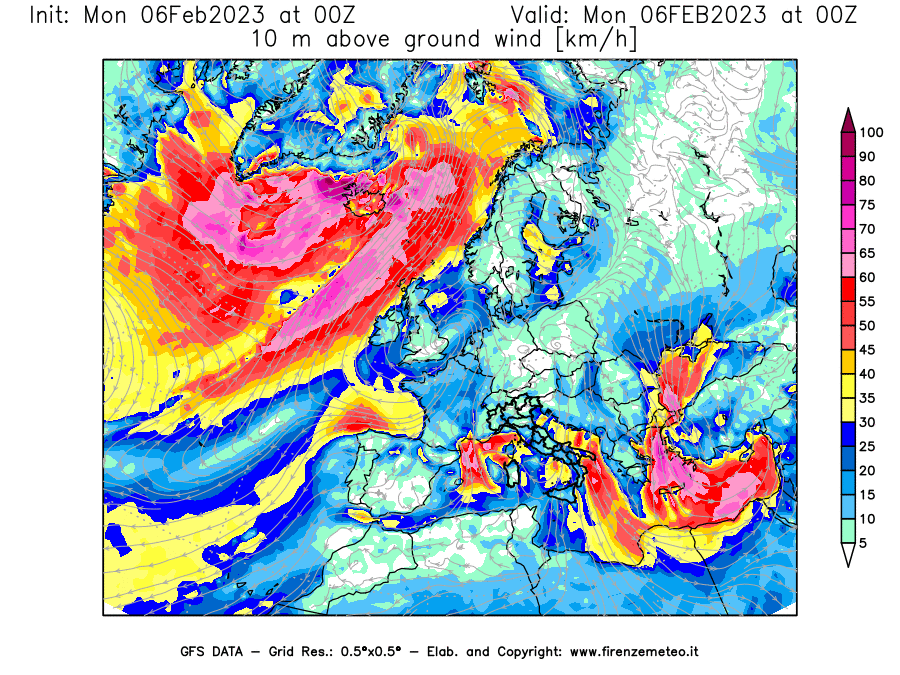 Mappa di analisi GFS - Velocità del vento a 10 metri dal suolo [km/h] in Europa
							del 06/02/2023 00 <!--googleoff: index-->UTC<!--googleon: index-->
