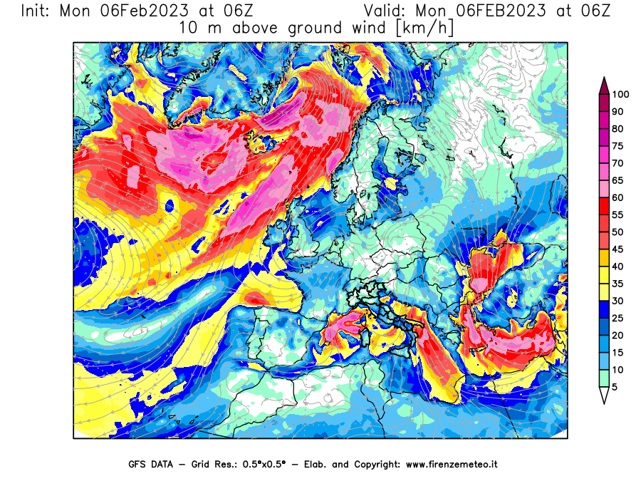 Mappa di analisi GFS - Velocità del vento a 10 metri dal suolo [km/h] in Europa
							del 06/02/2023 06 <!--googleoff: index-->UTC<!--googleon: index-->