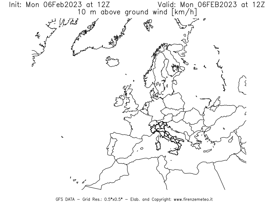 Mappa di analisi GFS - Velocità del vento a 10 metri dal suolo [km/h] in Europa
							del 06/02/2023 12 <!--googleoff: index-->UTC<!--googleon: index-->