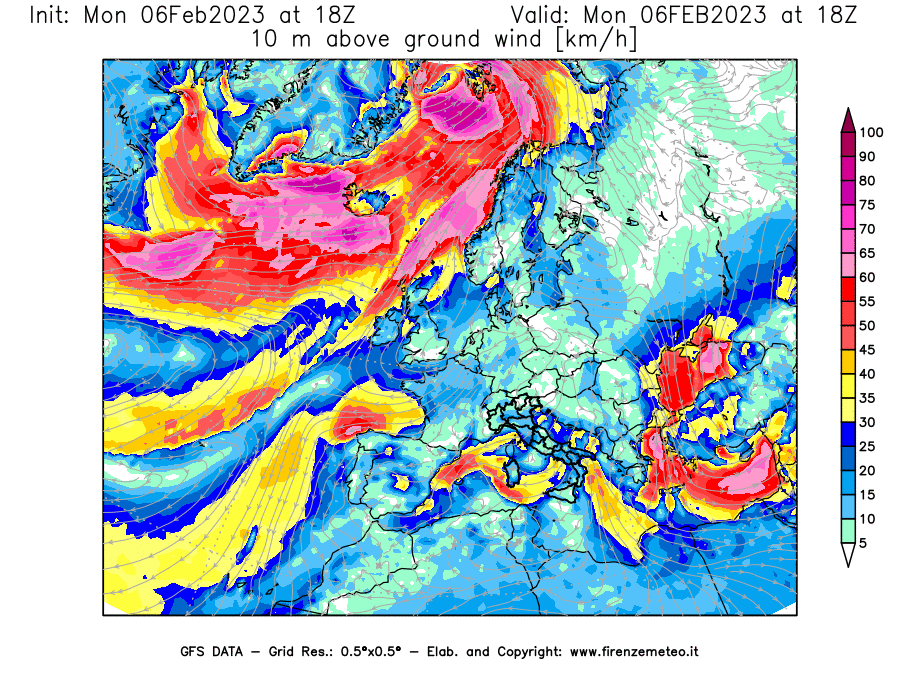 Mappa di analisi GFS - Velocità del vento a 10 metri dal suolo [km/h] in Europa
							del 06/02/2023 18 <!--googleoff: index-->UTC<!--googleon: index-->