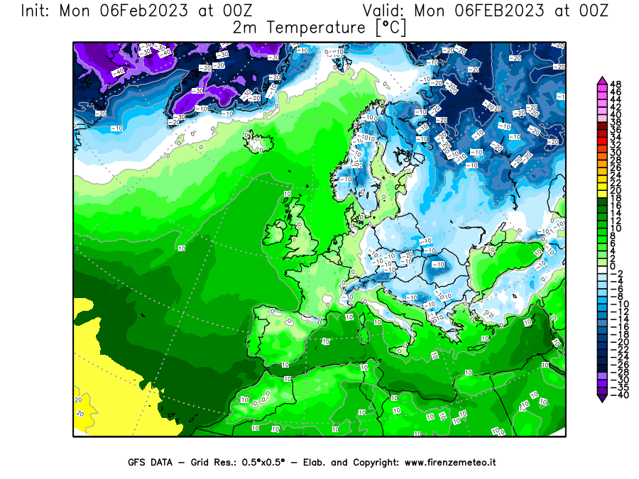 Mappa di analisi GFS - Temperatura a 2 metri dal suolo [°C] in Europa
							del 06/02/2023 00 <!--googleoff: index-->UTC<!--googleon: index-->