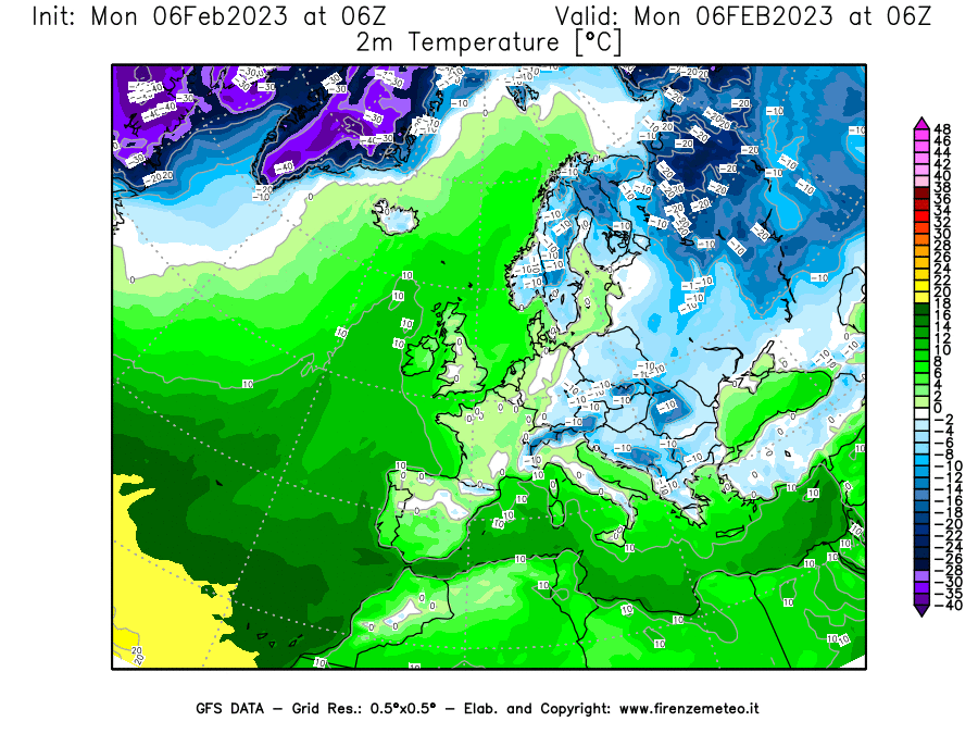 Mappa di analisi GFS - Temperatura a 2 metri dal suolo [°C] in Europa
							del 06/02/2023 06 <!--googleoff: index-->UTC<!--googleon: index-->