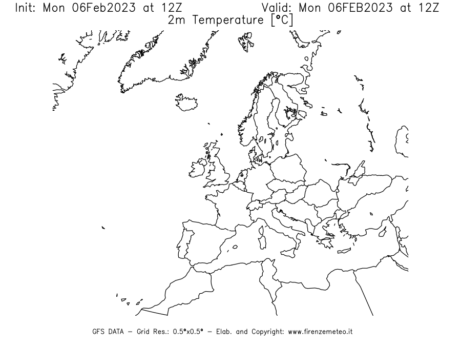 Mappa di analisi GFS - Temperatura a 2 metri dal suolo [°C] in Europa
							del 06/02/2023 12 <!--googleoff: index-->UTC<!--googleon: index-->