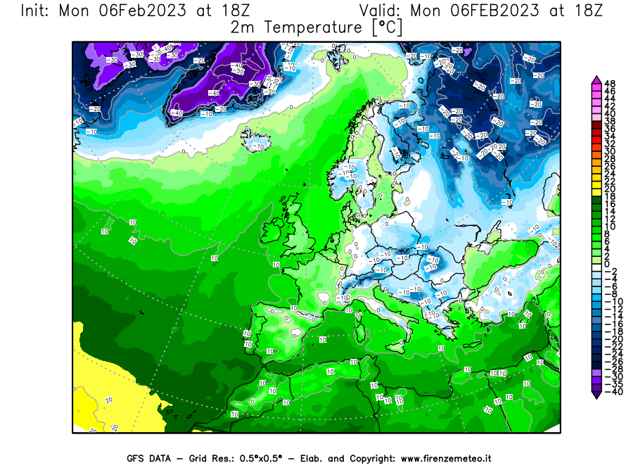 Mappa di analisi GFS - Temperatura a 2 metri dal suolo [°C] in Europa
							del 06/02/2023 18 <!--googleoff: index-->UTC<!--googleon: index-->