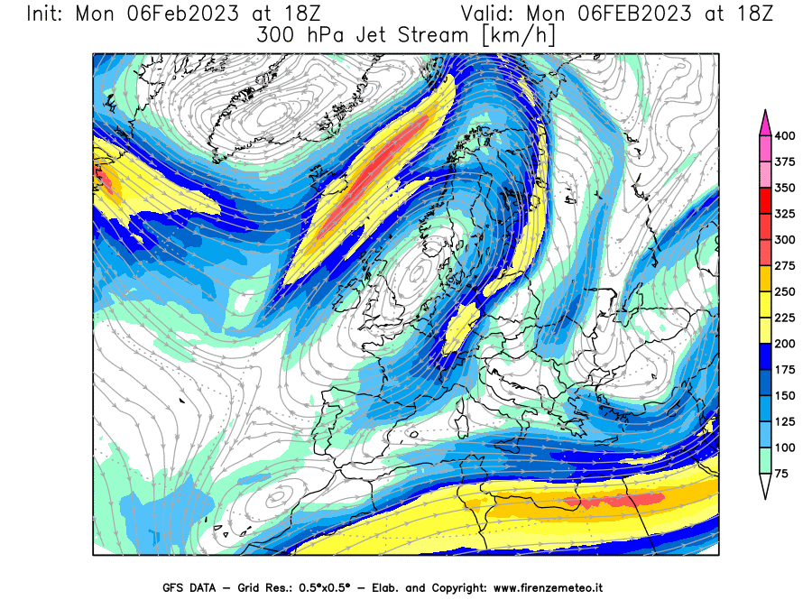 Mappa di analisi GFS - Jet Stream a 300 hPa in Europa
							del 06/02/2023 18 <!--googleoff: index-->UTC<!--googleon: index-->