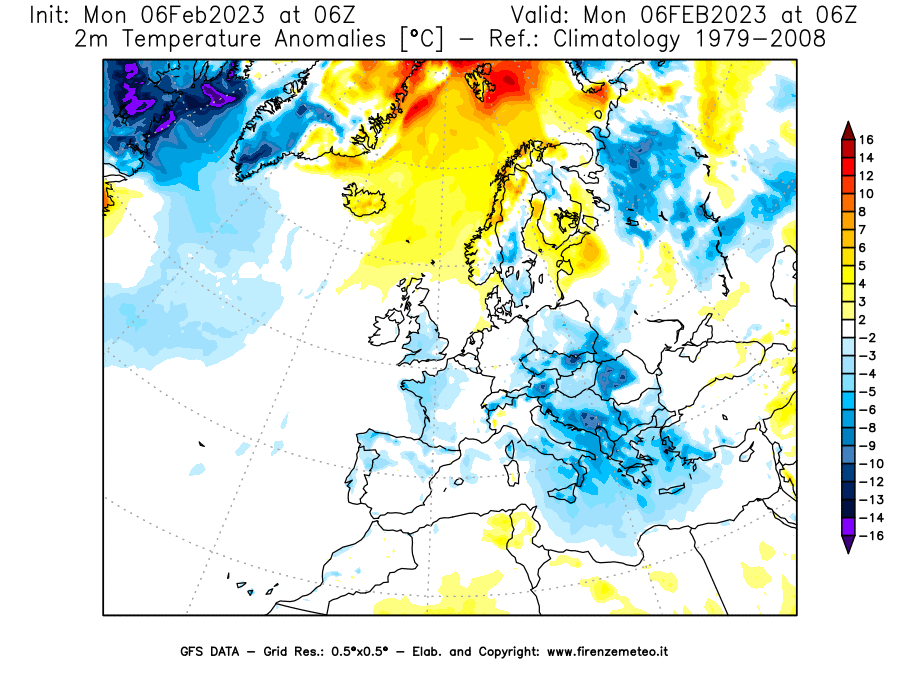 Mappa di analisi GFS - Anomalia Temperatura [°C] a 2 m in Europa
							del 06/02/2023 06 <!--googleoff: index-->UTC<!--googleon: index-->